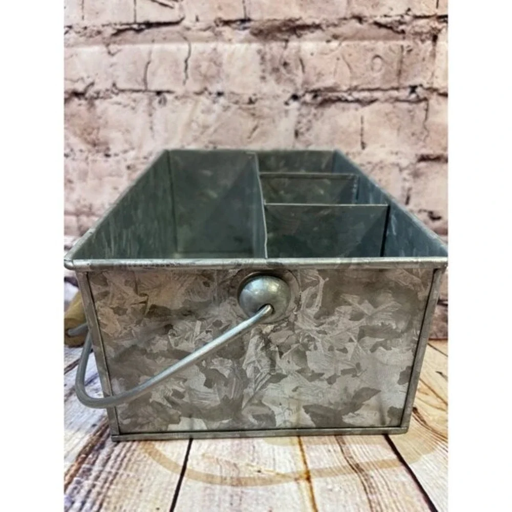 Galvanized Metal Caddy Organizer Wood Handle 3 Compartment‎ Rustic Farmhouse